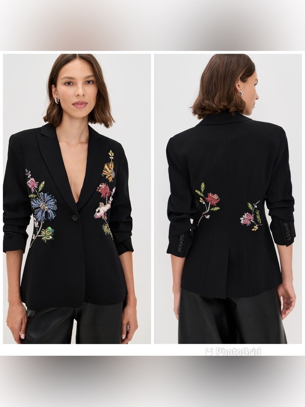 Cinq à Sept Floral Mixed Media Embellished Scrunched Cheyenne Blazer
